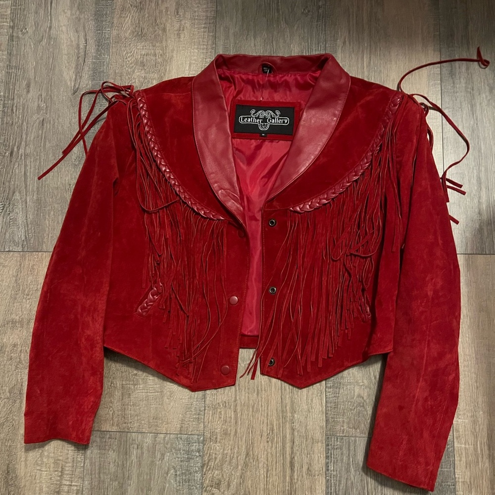 Fringe Suede Leather Jacket - Red